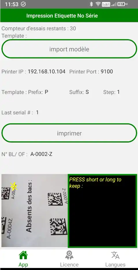 Registrazione dell'app per la stampa di etichette con codice a barre e numero di serie
